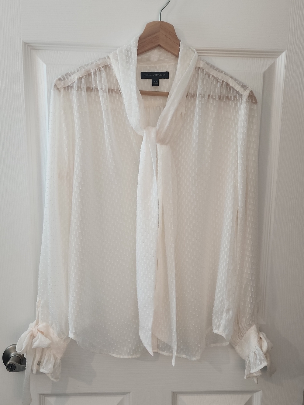 Banana Republic Ivory Tie-Neck Sheer Dot Blouse